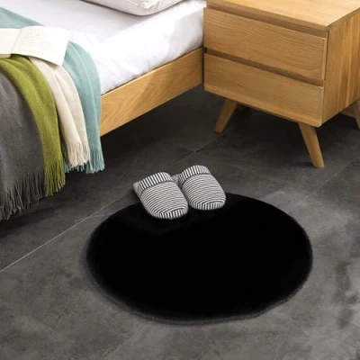 Afbeelding van Teppich Wölkchen Pluizig tapijt van imitatiebont konijnenbont, kort bont, hoogpolig voor woonkamer of slaapkamer, bedmat zwart 60 cm rond