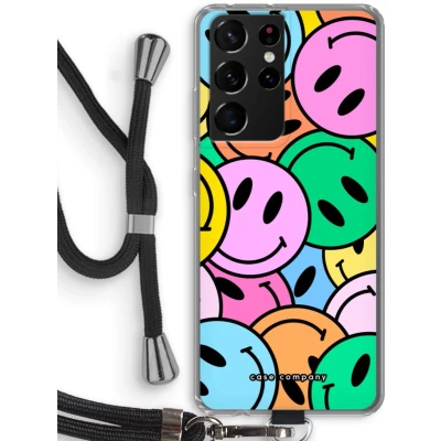 Afbeelding van Case Company® hoesje met Koord geschikt voor Samsung Galaxy S21 Ultra Smiley N1 Telefoonhoesje Zwart Bescherming aan alle Kanten en Over de Schermrand