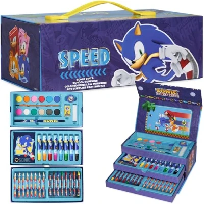 Afbeelding van Sonic The Hedgehog Kleurkoffer voor kinderen, tekenkoffer, kleurpotloden, viltstiften, jongens, meisjes, tekenset, schoolbenodigdheden, 40 stuks