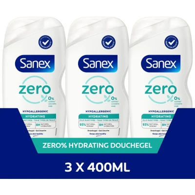 Afbeelding van Sanex Zero% Hypoallergenic Hydrating Douchegel 3 x 400ml Voordeelverpakking