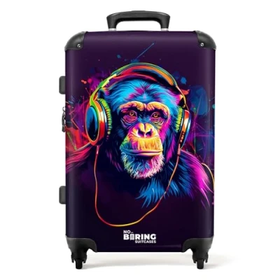 Afbeelding van NoBoringSuitcases.com® Koffer groot Rolkoffer lichtgewicht Chimpansee met koptelefoon in neonkleuren Reiskoffer 4 wielen Grote trolley XL 20 kg bagage