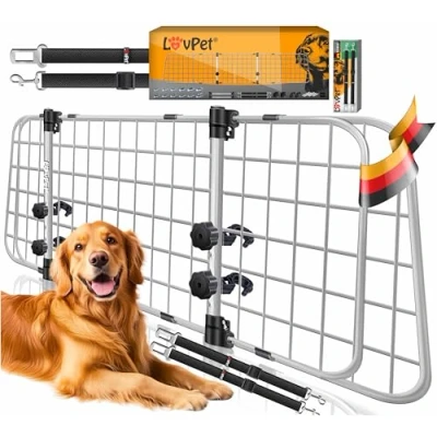 Afbeelding van LovPet® Hondenrek Auto, Universele Auto Afscheiding, Verstelbare Breedte, Hoofdsteun Bagagerek Kofferbak Bescherming Afmetingen HxB 30 x 91 153 cm , + 2x Veiligheidsriem voor Honden Grijs