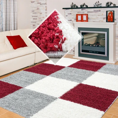 Afbeelding van Basic Shaggy Geblokt vloerkleed Rood / Grijs Hoogpolig 200x290 cm
