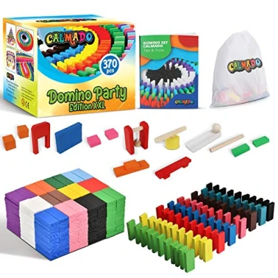 Afbeelding van Calmado 370st Dominostenen / Houten Domino&#039;s &quot;Domino Party Editie XXL&quot; Set + Zakje Boekje Accessoires