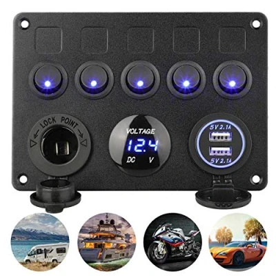 Afbeelding van 5 Gang Panel Tuimelschakelaar Elektrisch Schakelbord Boot Auto Waterdicht Dual USB DC 12V/24V LED Vrachtwagen Aanhanger Marine Voertuigen SUV&#039;s Camper