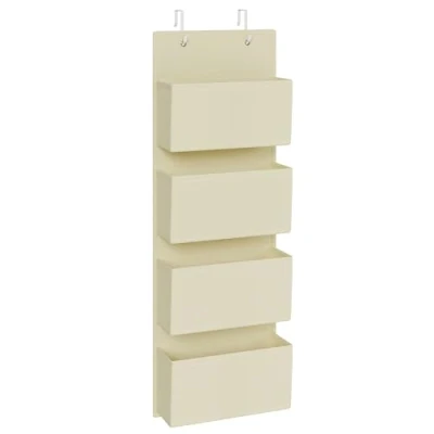 Afbeelding van SONGMICS RDH004Y01 Hangrek, 4 vakken, hangende opslag, organizer, om op te hangen aan de deur of muur, voor slaapkamer, kantoor, 12 x 33,5 100 cm, beige