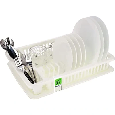Afbeelding van KADAX Kunststof afdruiprek, afdruiprek met bestekmand, 46,5 x 37 8,3 cm, lekbak, voor borden, glazen, bestek (ecru)