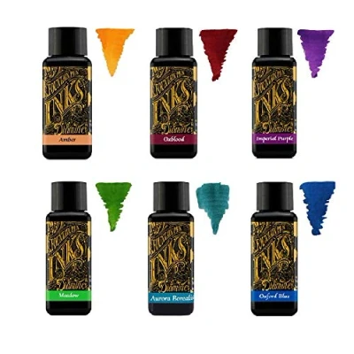 Afbeelding van Diamine Inkt voor vulpen, 30 ml, kleurenpalet, 6 x flessen, amber, oxblood, imperial paars, Aurora Borealis, Oxford Blue, Meadow