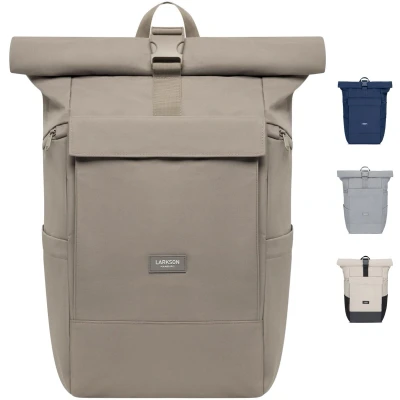 Afbeelding van LARKSON Rugzak voor dames en heren, grijs nr. 4, groot Rolltoprugzak 21 liter met 16 inch laptopvak universiteit, werk fiets grote reistas trolleyband