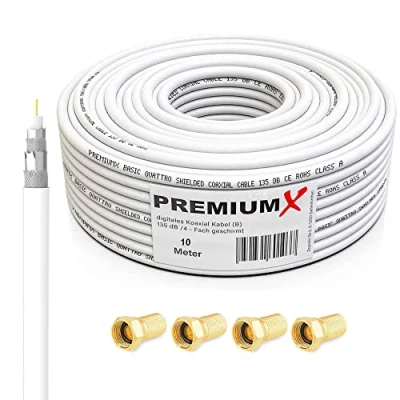 Afbeelding van PremiumX Basic coaxkabel van 10 m perfecte ontvangst met 135 dB viervoudige aluminium afscherming compatibel DVB S/S2, C, T, BK installaties inclusief 4 F aansluitingen