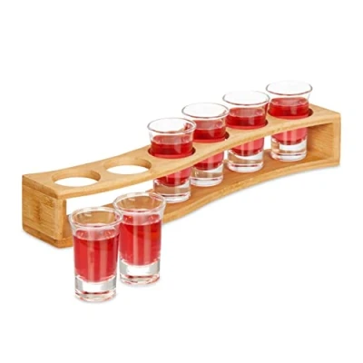 Afbeelding van borrelglaasjes glas set van 6 met bamboe houder herbruikbaar 4 cl