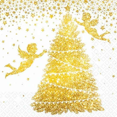 Afbeelding van Set van 20 kleine cocktailservetten Gouden engelen aan de boom Kerstmis winter tafeldecoratie decoupage servettechniek 25 x cm