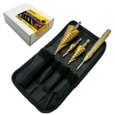 Afbeelding van Set van 4 trapboren met spiraalgroef, taps toelopende boor, plaatboor, conische metaalboor, stappenboor, HSS getrapte boor titanium coating 12 mm/4 20 32 mm, Step Drill