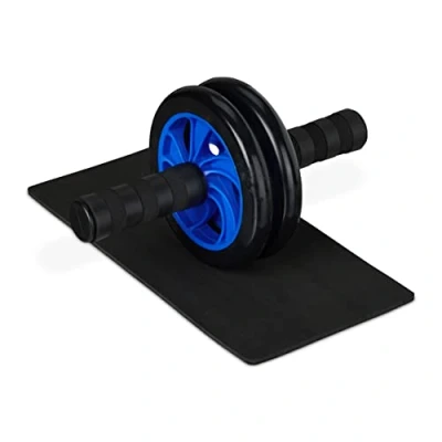 Afbeelding van Relaxdays buikspiertrainer trainingswiel met kniemat ab roller fitnesswiel blauw