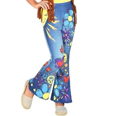 Afbeelding van Widmann Hippie Kostuum 70s Legging Peace To The World Meisje Blauw Maat 140 Carnavalskleding Verkleedkleding