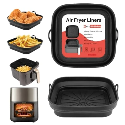Afbeelding van Alyvisun 2 stuks herbruikbare siliconen voering voor airfryer Opvouwbare keukenaccessoires Multifunctionele vierkante bakmand magnetron, oven, zwart +
