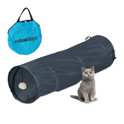 Afbeelding van Relaxdays kattentunnel 90 cm polyester met speeltje speeltunnel katten rond grijs