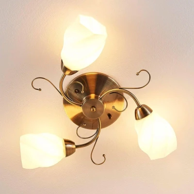 Afbeelding van Lindby plafondlamp 3lichts glas, metaal H: 18 cm E14 wit, klassiek messing