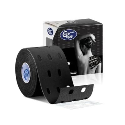 Afbeelding van CureTape® Punch Zwart Kinesiotape Uniek gatenpatroon Werkt sterker op huid en fascie 5cm x 5m