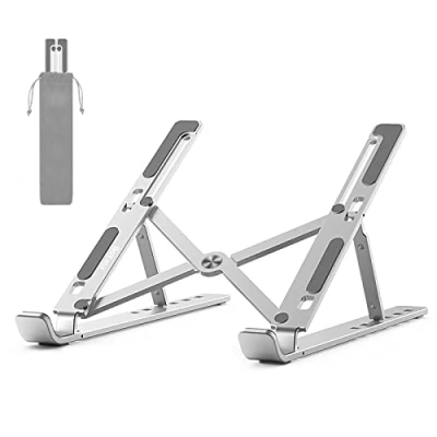 Afbeelding van BoYata laptopstandaard, 6 niveaus in hoogte verstelbare draagbare laptophouder voor bureau, aluminium opvouwbare laptopriser, compatibel met MacBook, Dell, Lenovo, meeste 10 15.6&quot; laptops Zilver
