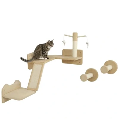 Afbeelding van PawHut Kattenklimwand, 3 delig, kattenmeubels met krabpaal, springplaten, krabstam, speelbal, voor katten tot 5 kg, sisal, beige