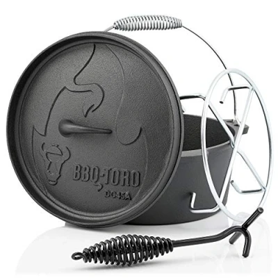 Afbeelding van BBQ Toro Dutch Oven Alpha Serie I reeds ingebrand preseasoned verschillende maten gietijzeren kookpan braadpan met deksellifter (DO45A 3,1 liter, pan zonder voeten)