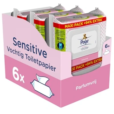 Afbeelding van Page Vochtig Toiletpapier Sensitive Maxipack 444 Stuks (6 x 74 Stuks) Voordeelverpakking