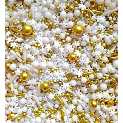Afbeelding van SD Pearls Mix van eetbare suiker en gouden witte parels met sneeuwvlokken, taartdecoratie voor Kerstmis wintergebak (mengsel &quot;First Snow&quot;, 100 g)