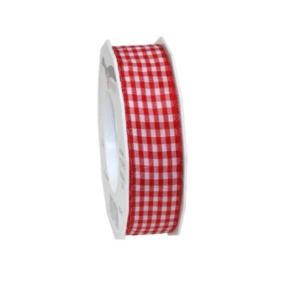 Afbeelding van PRÄSENT Vichy Cadeaulint met rood witte metalen rand, 20 meter voor decoratie en knutselen, 25 mm breed, geruit, kleurrijke decoraties geschenkverpakkingen, feestelijke gelegenheden