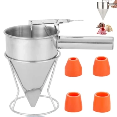 Afbeelding van Crêpedeegdispenser van roestvrij staal, 1,2 liter, met standaard, 4 trechters, trechter, bakgereedschap, voor thuis, keuken, keuken