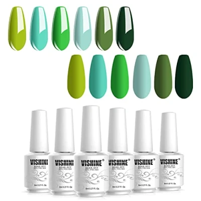 Afbeelding van Vishine gelnagellak, semi permanent, 6 kleuren, UV, LED, gel, soak off, set kleuren nagellak, groen, blauw, serie 8 ml