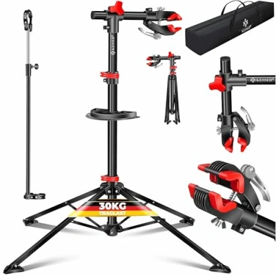 Afbeelding van KESSER® Professionele fietsmontagebeugel + tas, fietsreparatiestandaard tot 30 kg, met gereedschapsplaat magneetvak, draaibaar, MTB, rood