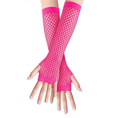 Afbeelding van Lange nethandschoenen, vingerloze manchetten, kostuumaccessoires voor dames, meisjes, kinderen, jaren 80 kostuum, feestaccessoires, Roze