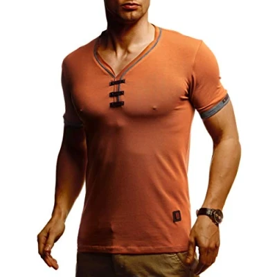 Afbeelding van Leif Nelson Zomer T shirt voor heren V hals Cool met van katoen Casual basic korte mouwen heren, Rood en bruin.