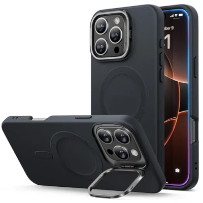 Afbeelding van ESR Siliconen hoes met houder voor iPhone 16 Pro, compatibel MagSafe, geïntegreerde camerahouder, magnetische hoes, Cloud serie, zwart