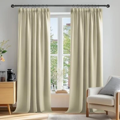 Afbeelding van Deconovo Set van 2 gordijnen voor de woonkamer, modern, 50% ondoorzichtig, keuken, slaapkamer, thermisch, isolerend, plooiband, donkerbeige, 132 x 138 cm