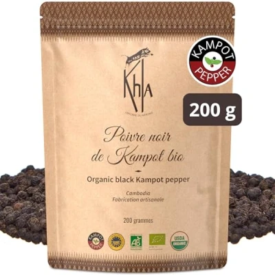 Image de Khla poivre de Kampot noir bio 200 g Grains entier Grand Cru Ingrédients cuisine Direct du producteur noirs entiers pour moulin Origine Cambodge
