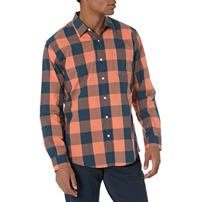 Image de Amazon Essentials Chemise en Popeline à Manches Longues, Style Décontracté, Coupe Standard Men&#039;s, Bleu Marine Orange Bison, M