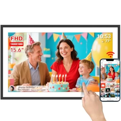 Afbeelding van Frameo Digitale Fotolijst, 15,6 inch, extra groot, wifi, 32 GB, 1920 x 1080 IPS HD, touchscreen, desktop en wandmontage, delen van foto&#039;s video&#039;s via de app met weermuziek