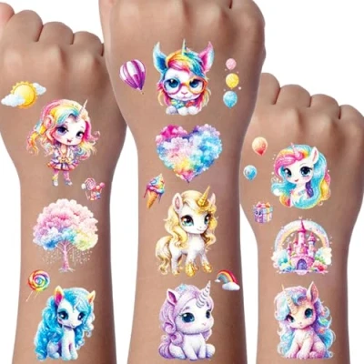 Image de Licorne Tatouage Paillette Enfant, 12 Feuilles Tatouages Ephemere Enfant Fille, Anniversaire Cadeaux pour Enfants, Invitation Tatouage, Etanche Enfants