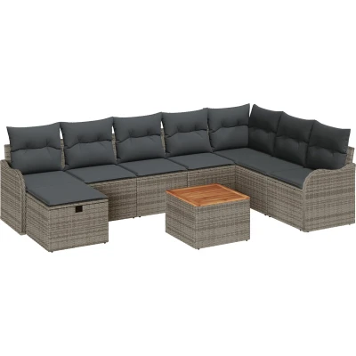 Afbeelding van vidaXL 9 delige tuinbankstel met kussens grijs poly rattan, 2 zits tuinbank rattan