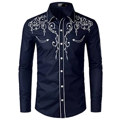 Afbeelding van NW Cowboyhemd voor heren, slim fit, borduurwerk, lange mouwen, cowboyhemd, Navy Blauw