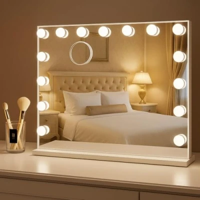 Afbeelding van Bayt Hollywood Spiegel Met Verlichting Make Up Dimbaar 10x Vergroting 58x46cm Wit