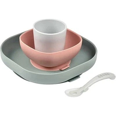 Afbeelding van Béaba Silicone maaltijdset Kinderservies 4 delig Roze/groen