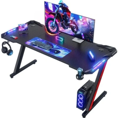Afbeelding van Devoko Led gamingbureau, 140 x 60 cm, gamingbureau met RGB licht, muismat, bekerhouder en hoofdtelefoonhaak, ergonomisch computerbureau (zwart, cm)