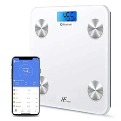 Afbeelding van HF 19 x lichaamscompositie indexen, personenweegschaal, 28 cm, vet, iOS en Android, intelligente digitale app, lichaamsgewichtsmeter, BMI, Bluetooth, wit
