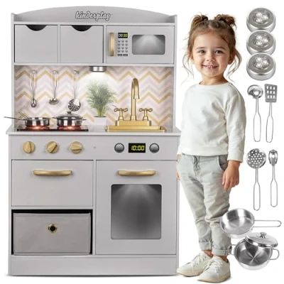 Afbeelding van Green series Kinderplay GS0059 1 Houten kinderkeuken met authentiek licht en geluid, roestvrijstalen accessoires, speelkeuken van 92 tot 107 cm hoog