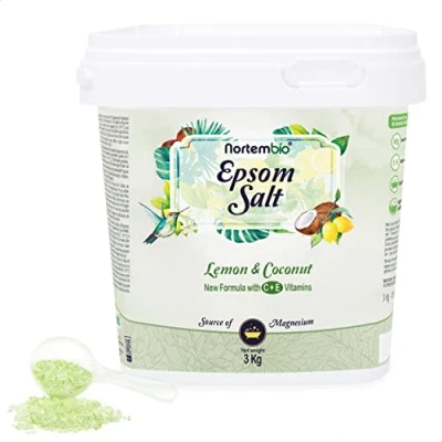 Afbeelding van Nortembio Epsomzout 3 kg. Badzout Citroen en kokosnootaroma. Magnesiumsulfaat gehydrateerd met vitamine C E. spierontspanning, aromatherapie goede nachtrust. E book inbegrepen.