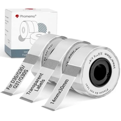 Afbeelding van Phomemo D30 etiketten, 14 x 30 mm, transparant, zelfklevend, voor Q30S, Q30, D30, 210 etiketten/per rol, 3 rollen