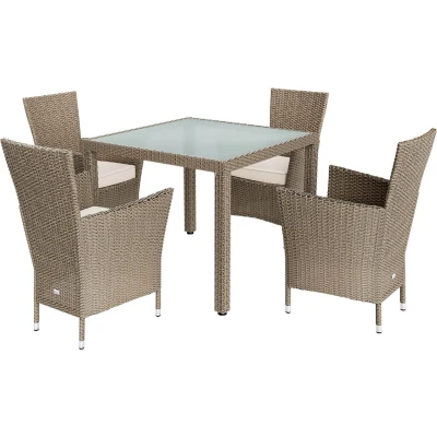 Afbeelding van CASARIA Polyrattan Tuinset Tafel Glas 90x90cm 4 Stoelen Creme